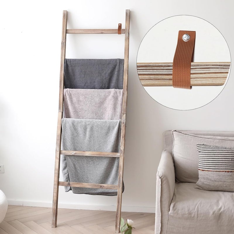 FUIN 6.4ft Extra Wide Wooden Blanket Ladder Living Room Decorative Wal Leaning Farmhouse Quilt Display Holder Rustic Wood Towel Rack for Bathroom, Burnt Brown, 24 inch Wide - Image 5